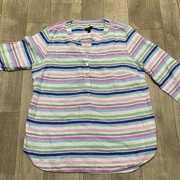 Womens Talbots‎ 100% Linen Half Button V-Neck Striped Roll Up Sleeve Top Shirt - Picture 5 of 6